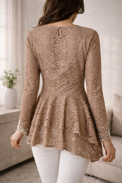 Mocha Lace Pearl Peplum Top