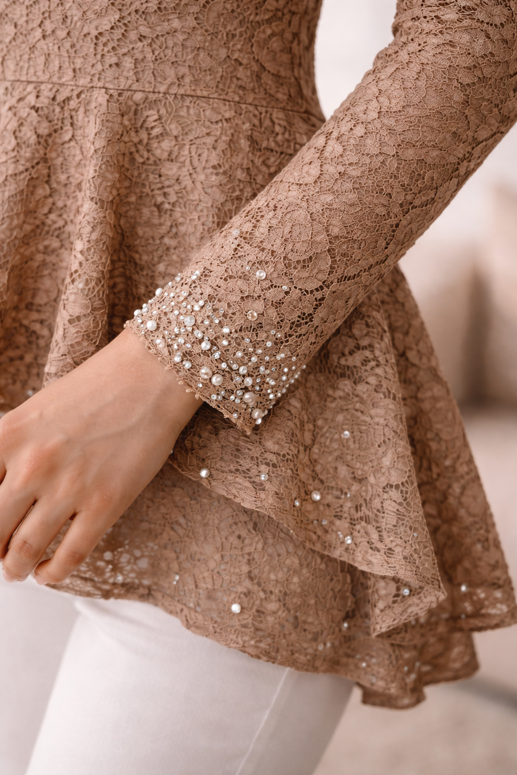 Mocha Lace Pearl Peplum Top