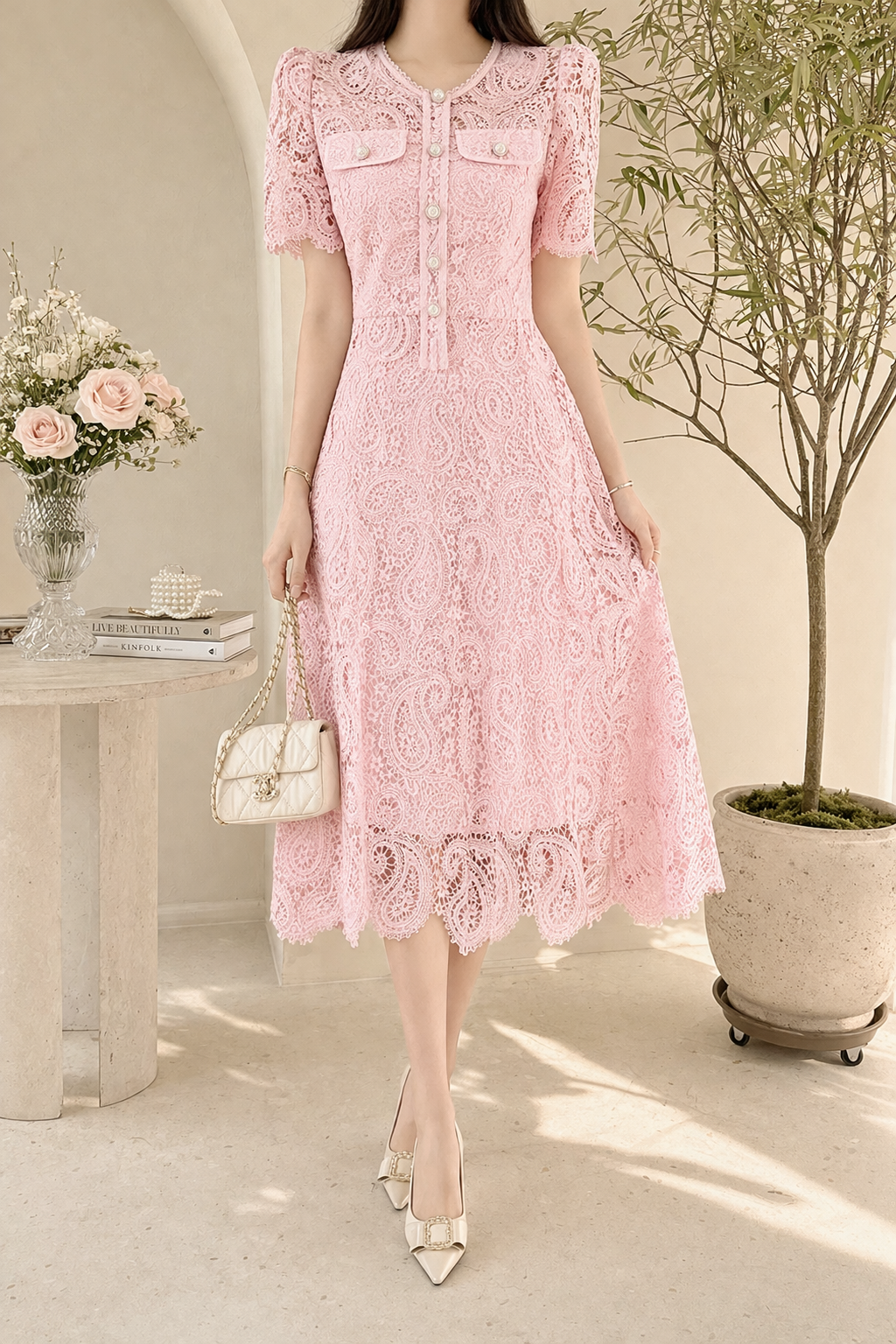 Soft Pearl Lace Midi Dress