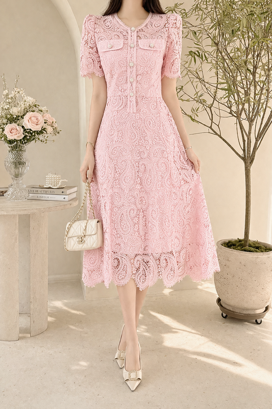 Soft Pearl Lace Midi Dress