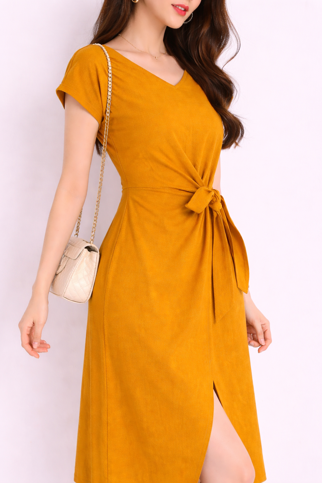 Mustard Tie-Waist Midi Dress