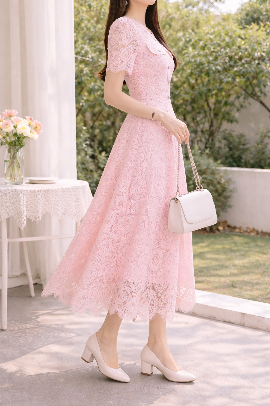 Soft Pearl Lace Midi Dress