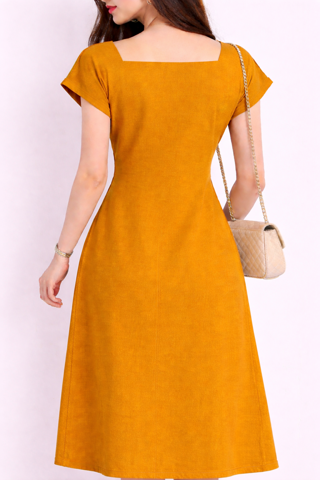 Mustard Tie-Waist Midi Dress