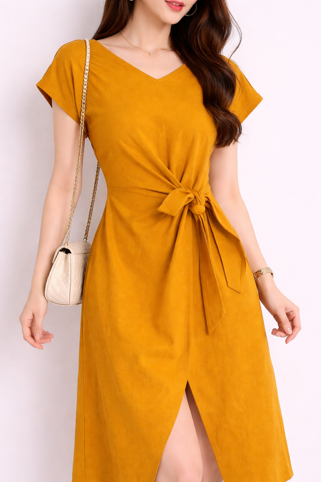 Mustard Tie-Waist Midi Dress